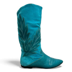 Vintage 70s 80s turquoise Italian suede leather applique mid calf flat boots 8